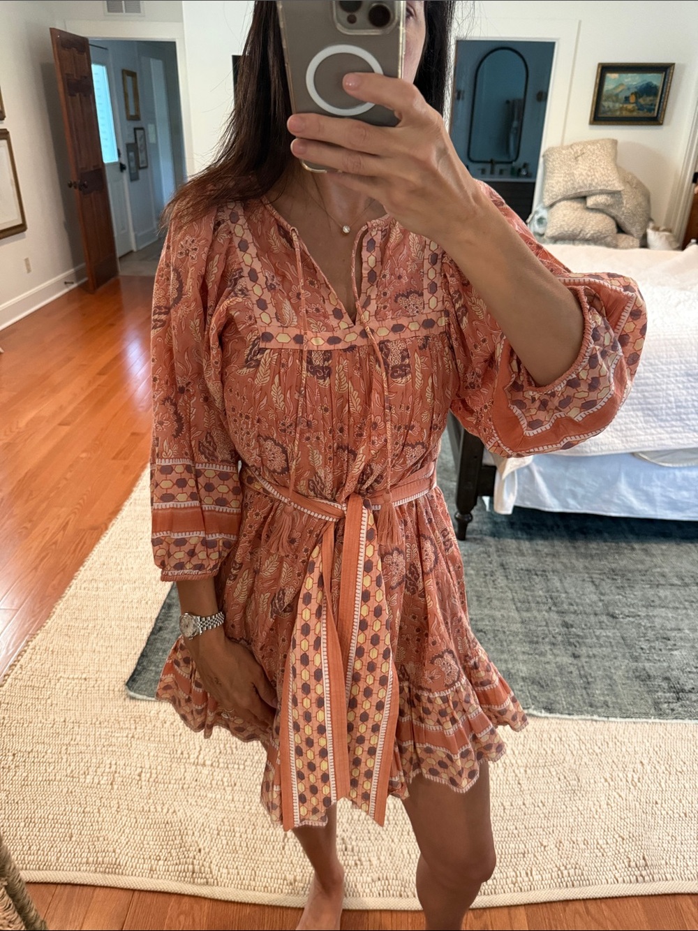 Cleobella Coral Printed Tie-Waist Mini Dress